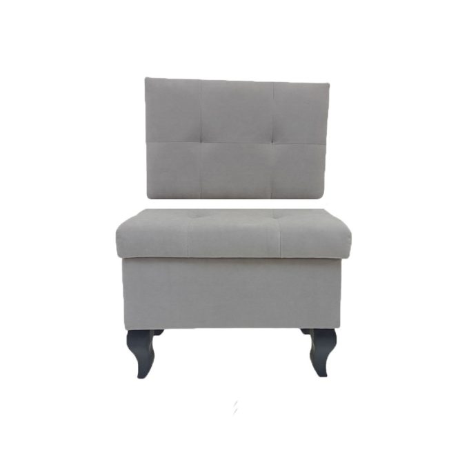 mała pufa z panelem, w szarym kolorze na czarnych nogach ludwik