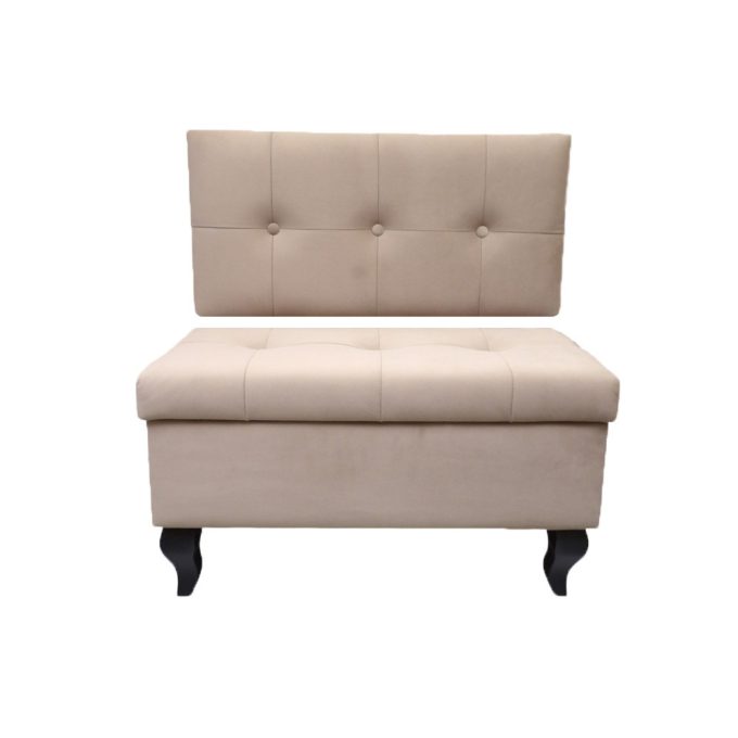 beżowa otwierana pufa z panelem w wymiarze 80 cm z przeszyciami i guzikami na czarnych nogach ludwik