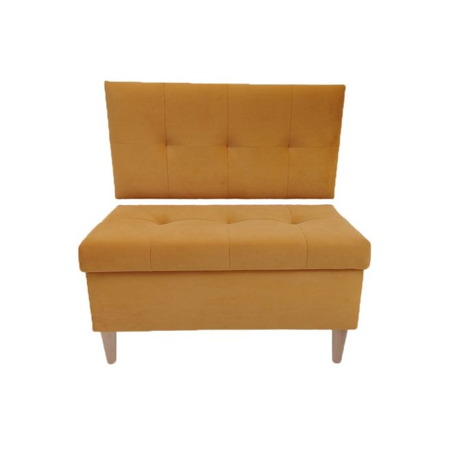 pufa z panelem i schowkiem w kolorze pomarańczowym z przeszyciami na drewnianych nogach