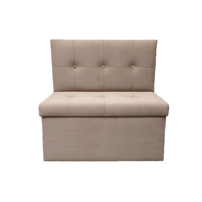 pufa z oparciem i dużym schowkiem w kolorze cappuccino z przeszyciami na siedzeniu i oparciu