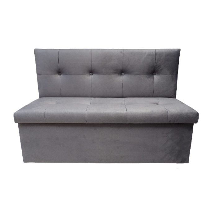 szara pufa z oparciem w wymiarze 100cm z pojemnym dużym schowkiem