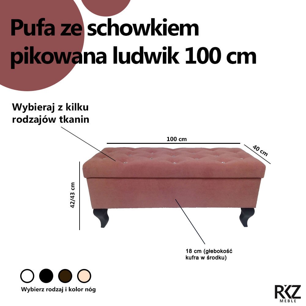 wymiary pufy pikowanej w wymiarze 100cm na nodze typu Ludwik