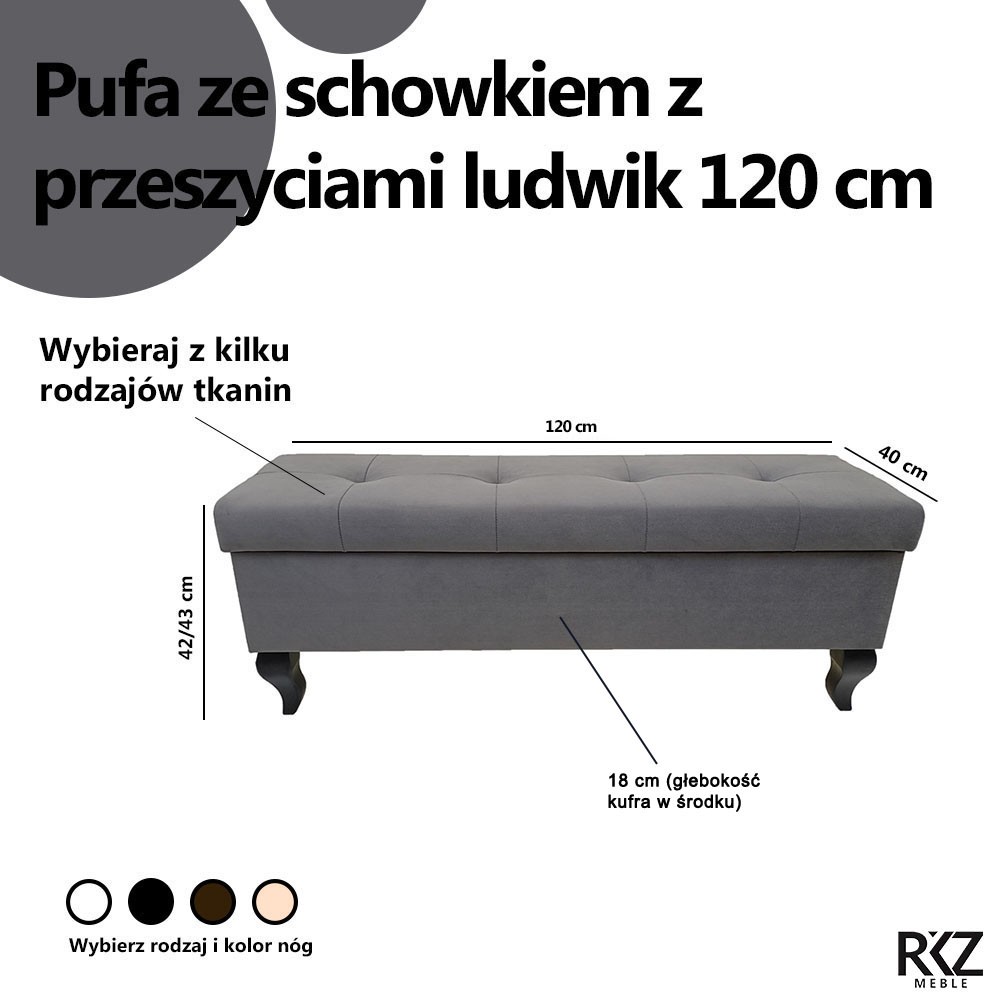 wymiary pufy z przeszyciami w wymiarze 120cm na nodze typu Ludwik