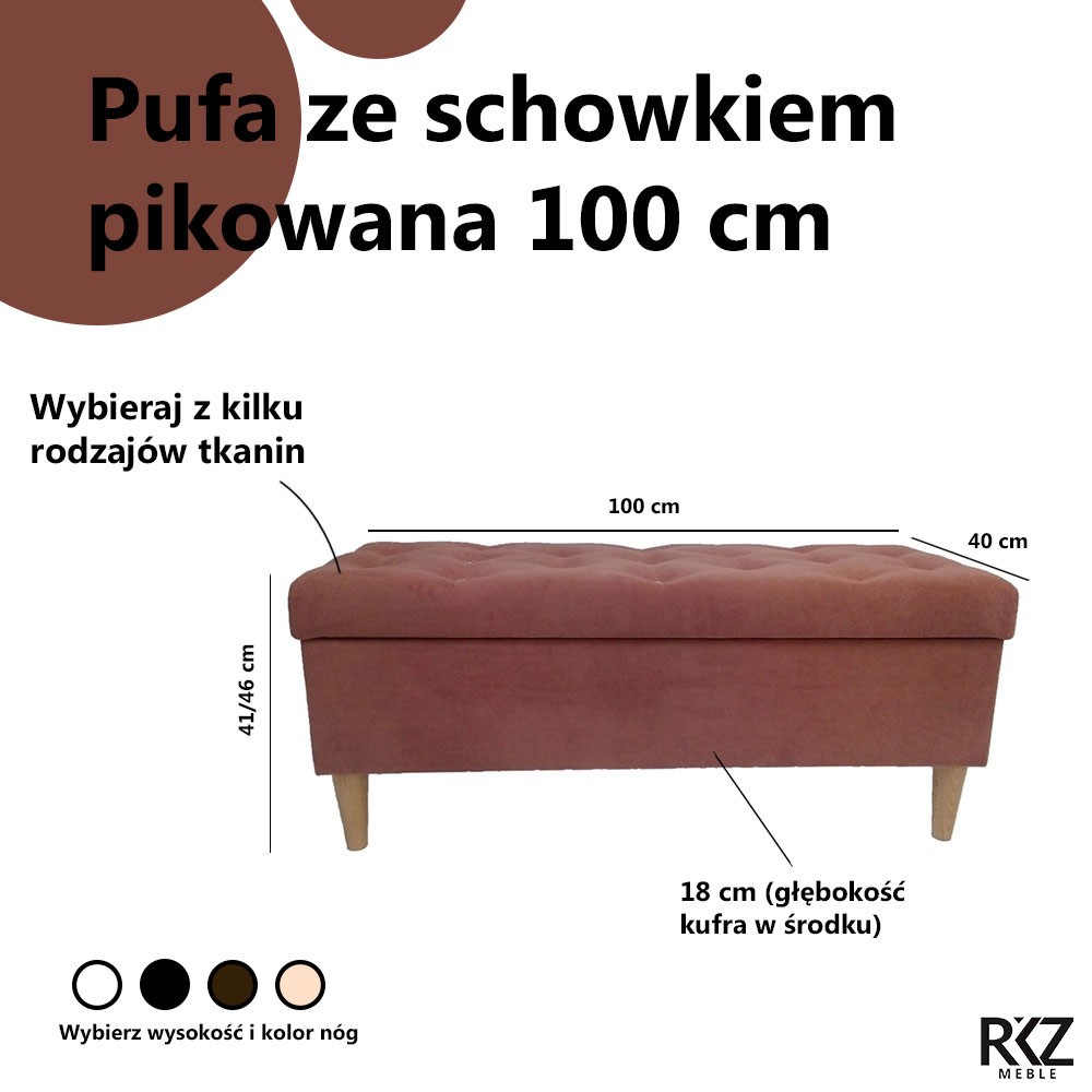 wymiary pufy pikowanej ze schowkiem w wymiarze 100cm