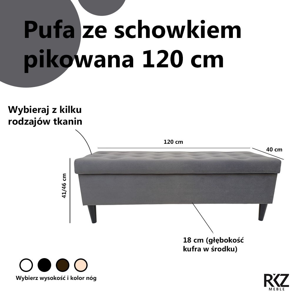 wymiary pufy pikowanej ze schowkiem w wymiarze 120cm