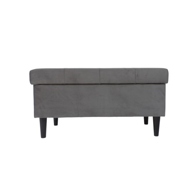 pufa 80cm z schowkiem wykonana w tkaninie Evita 25 w kolorze szarym z czarnymi nogami stożek